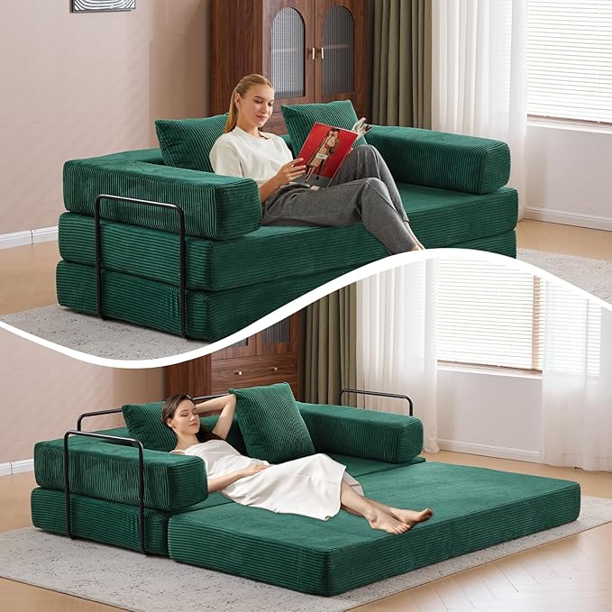 Folding Convertible Sofa Bed 4-in-1 Boneless Couch Sleeper Sofa 76.8'' Corduroy Foldable Mattress Couch with Fixed-Shape Frame Floor Sofas Modular Futon Couches for Living Room Dark Green