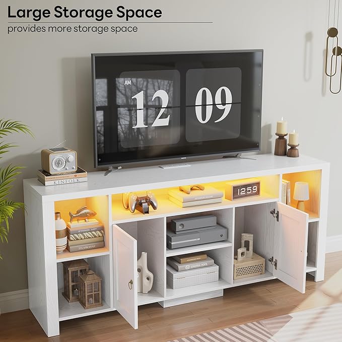 LIKIMIO TV Stand for TVs 80 inch with LED Lights &amp Power Outlet Entertainment Center with Cabinets Adjustable Shelves and Open Shelves Modern Media TV Console Living Room White