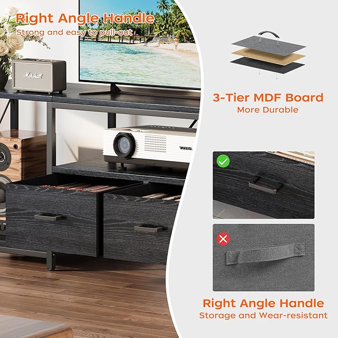 Homeiju TV Stand for TVs up to 75 Inch Entertainment Center with Fabric Drawers TV Media Console Table with Open Storage Shelves for Living Room Bedroom Black