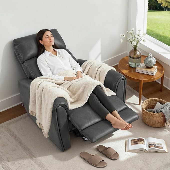 MCombo Power Small Recliners for Small Spaces Living Room RVs Modern Style Zero Wall Hugger Recliners Chair with Lumbar Support USB&ampCharging Ports FSC Certified Faux Leather PR699 (Dark Grey
