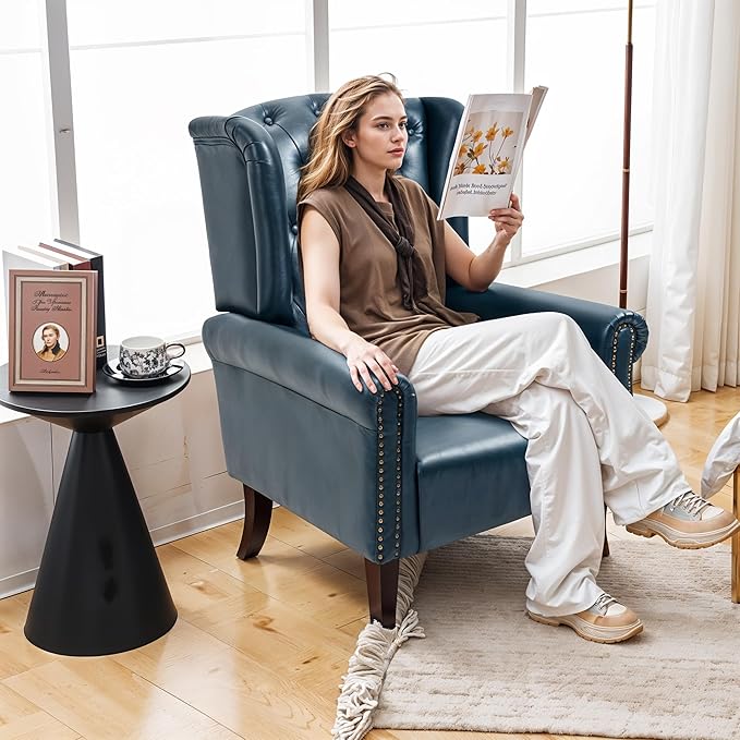 Faux Leather Accent Chair Mid-Century Armchair Upholstered Club Sofa Chair with Wooden Legs High Back Living Room Chair for Bedroom Office Lounge (Blue)