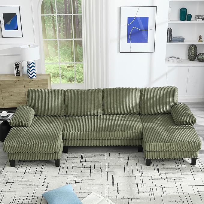 114 Cloud Couch Modular Sectional Sofa Convertible U-Shaped Couch with Double Chaise Lounge Corduroy Upholstery Sofa Double Cushions Deep Seat Sleeper Sofas Couches for Living Room Green