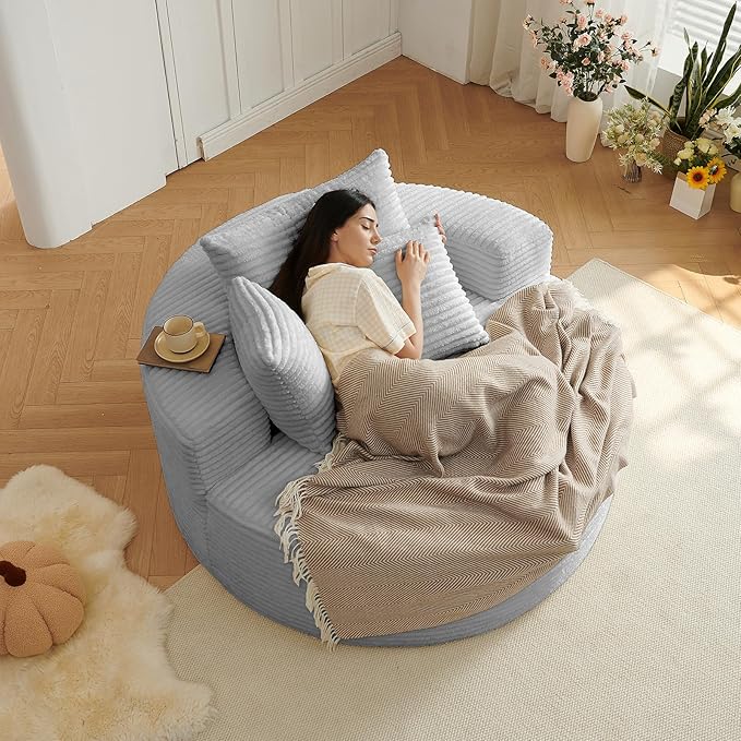 55''L Oversized Round Chaise Longue Chair Indoor Corduroy Sponge Single Sofa Oversized Round Chairs Modern Sleeper Chair for Living RoomProjection Room Wide Armrest Chairs Light Grey