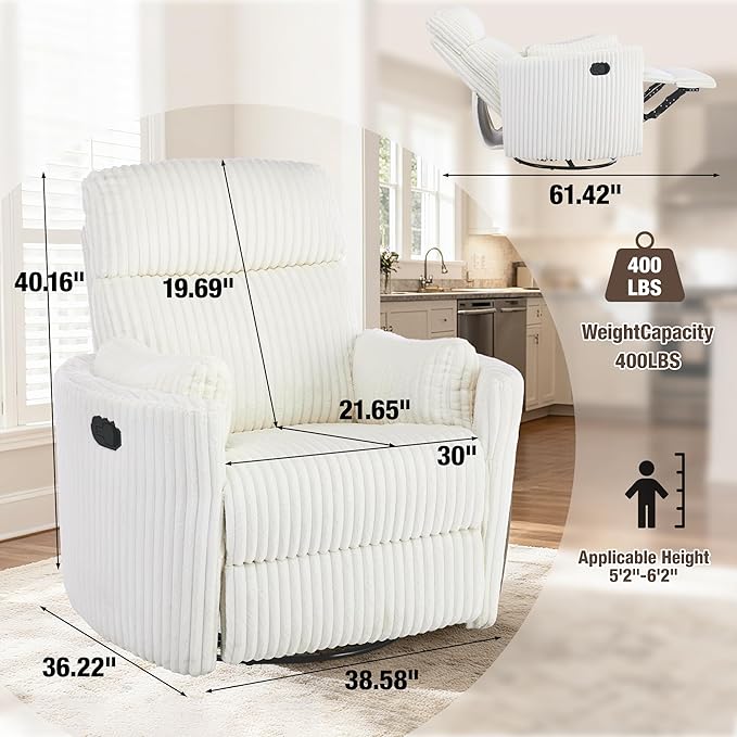 Swivel Rocking Chair Nursery for Adults Swivel Rocker Recliner Glider Barrel Armchair Single Sofa with 2 Pillows for Living Room Bedroom Nursery Beige