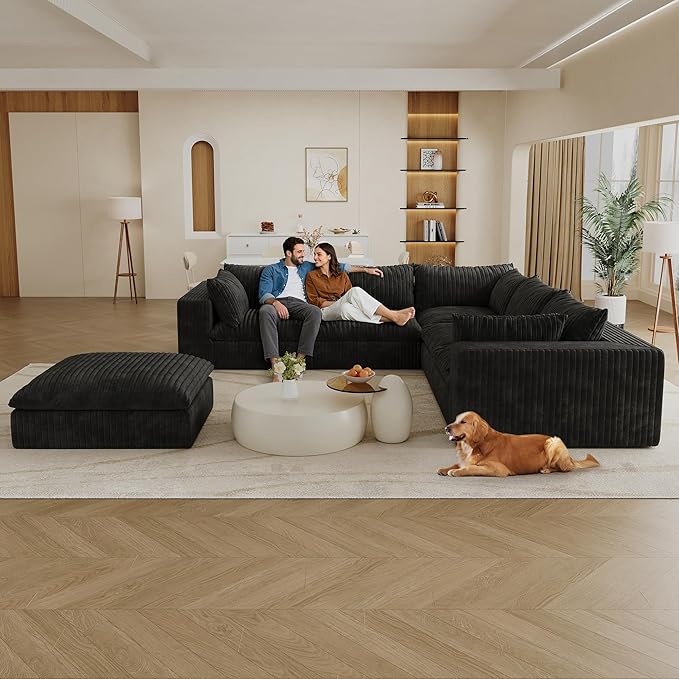 118.2 Modern V Shaped Corner Sofa Comfy Modular Sectional Cloud Couch with Plush Corduroy Fabric Deep Seat Upholstered Sofa Boneless Couches for Living Room No Assembly (Black + Ottoman)