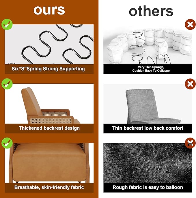 WENTMENT Modern Accent Chair Armchair with Natural Rattan Armrest Upholstered Living Room Chair Comfy Single Sofa Chair for Hosting Room/Bedroom Brown