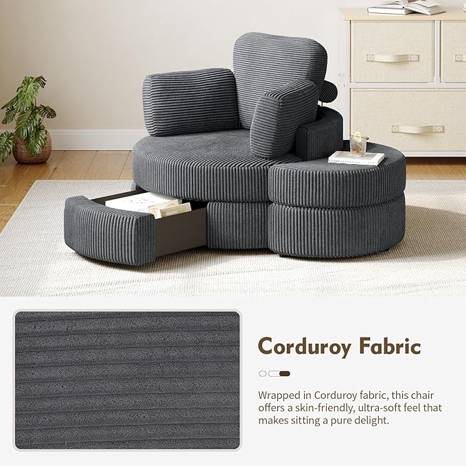 MEISSALIVVE Swivel Accent Chair with Half Moon Ottoman Round Chairs with Drawer Storage for Living Room 360° Barrel Chair with USB Charging Port (Dark Grey Corduroy)