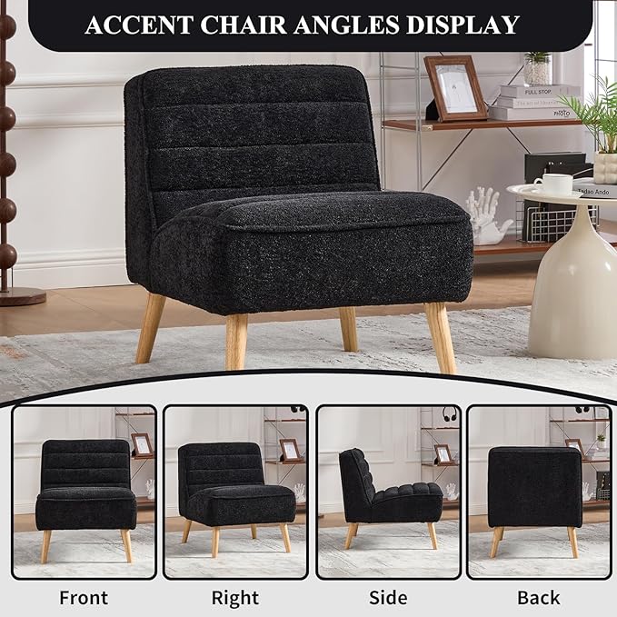 Modern Accent Chair Chenille Upholstered Fuzzy Club Chairs with Tufted Design Comfy Living Room Chair with Metal Legs Padded Reading Chair for Reading Room (Black-Chenille)