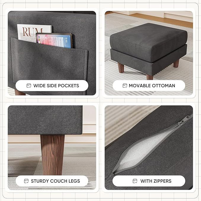 Homall Convertible Sectional Sofa 3 Seat L Shaped Couch with Side Storage Pocket Sofas with Movable Ottoman Small Linen Couches for Living Room &amp Apartment (Linen Fabric Dark Grey)