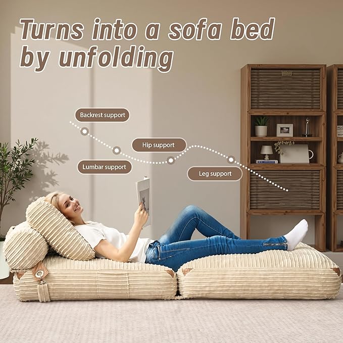 Folding Sofa Bed Convertible Sleeper Chair with Pillow Foldable Mattress Lounge Chair for Living Room Bedroom Portable Guest Bed Beige