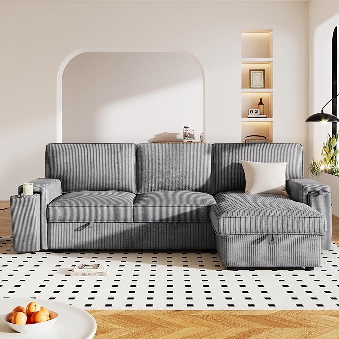 Modern Upholstered L-Shaped Convertible Corner Sofa Couch Pull-Out Sofa Bed Sleeper Sectional Sofa with Storage Bags and 2 Cup Holders on Arms for Living Room Office Apartment (Grey-2C)