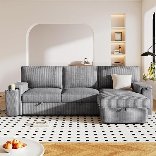 Modern Upholstered L-Shaped Convertible Corner Sofa Couch Pull-Out Sofa Bed Sleeper Sectional Sofa with Storage Bags and 2 Cup Holders on Arms for Living Room Office Apartment (Grey-2C)