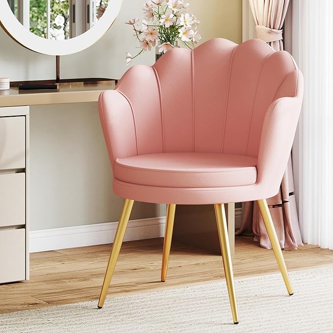 Furniliving Velvet Vanity Chair Shell Accent Chair for Living Room Upholstered Accent Chair with Gold Metal Legs Makeup Chair for Vanity Armchair Guest Chairs Side Chair for Bedroom (Pink 2)
