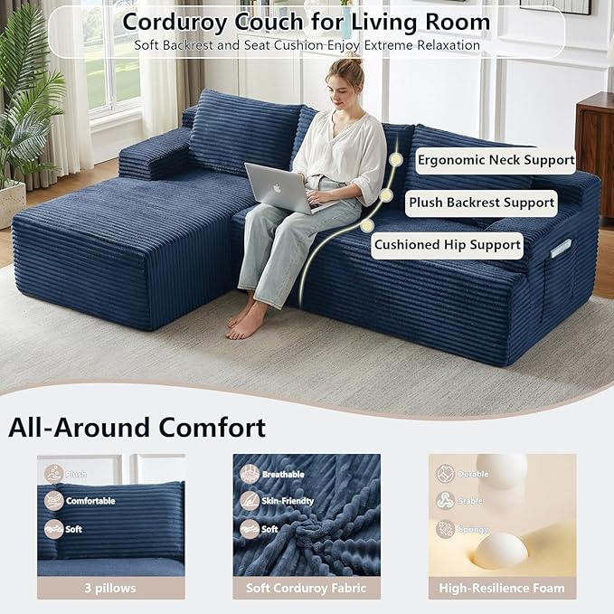 96 Cloud Sectional Couch with L-Shape Chaise Modular Comfy Sofa Chaise Longue Upholstered Corduroy Couches Sleeper with Deep Seat for Living Room Bedroom No Assembly Required(Blue Left Facing)