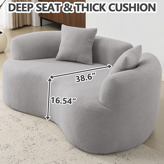 67 Curved Loveseat Sofa with 2 Pillows Boneless Curved Couch with Round Armrest Cloud Sofa for Living Room Bedroom Small Spaces Teddy Modern Compressed No Assembly (Grey-1)
