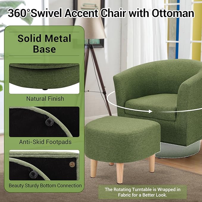 DAZONE Accent Chairs Set of 2 Green Barrel Chair with Ottoman Comfy Armchair for Small Spaces 360° Modern Fabric Lounge Chair for Living Room Bedroom Reading Nook Home Office