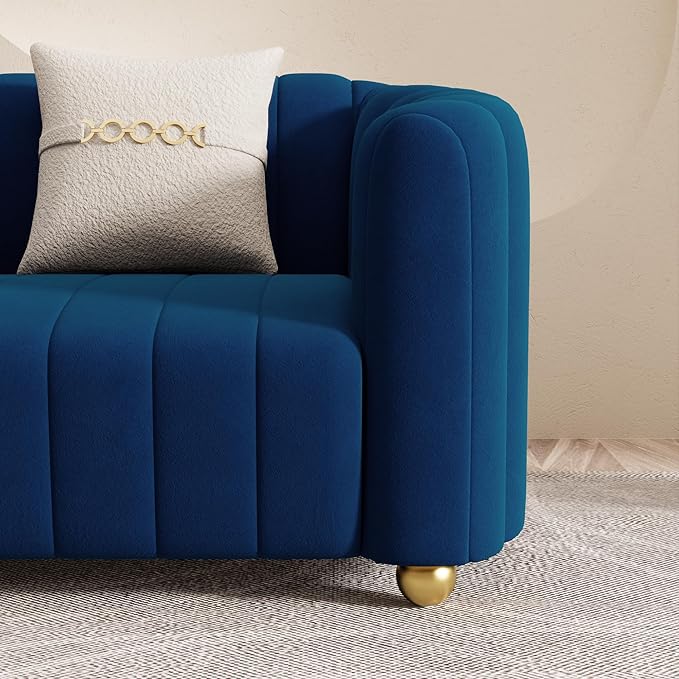 Modern Blue Velvet Sofa Chair for Living Room 42 Single Sofa with Gold Metal Sphere Legs (Blue 1S)