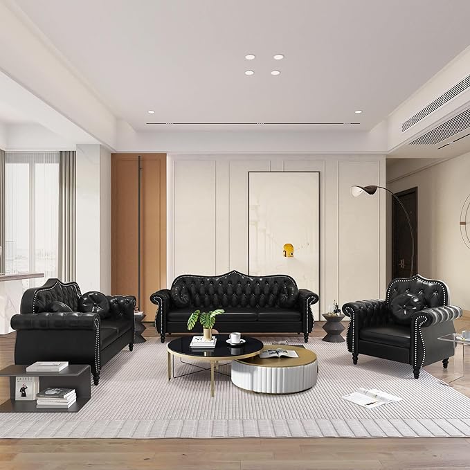 AVZEAR Chesterfield 2-Piece Living Room Sectional Sofa Set Mid-Century Modern Upholstered PU Sofa Couch Classic Tufted Button Sofa with Nailhead Trim for Living Room Office (2+3 Seat Black)