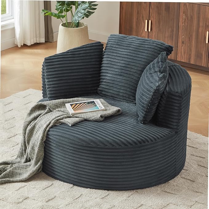 Round Chair Lounge Chaise Indoor 48.8 Oversized Sofa Chair Upholstered Corduroy Deep Seat Sleeper Sofa Bed No Assembly Required for Living Room Bedroom Apartment Dark Gray