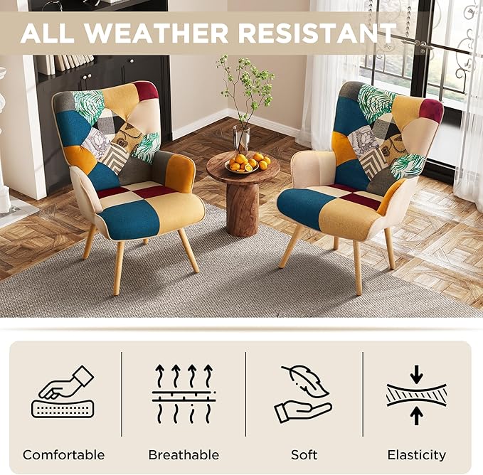 Accent Chair Living Room Chair Modern High Back Armchair Colorful Patchwork Reading Chairs for Bedroom Lounge Chair with Linen Fabric Shell and Solid Wood Feets (1 Colorful)