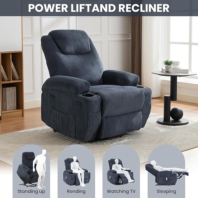 Power Lift Recliner Chair for Elderly with Massage &amp HeatElectric Recliner with Remote2 Cup HoldersSide Pockets and Stand Assist for Living RoomBedroomBlue