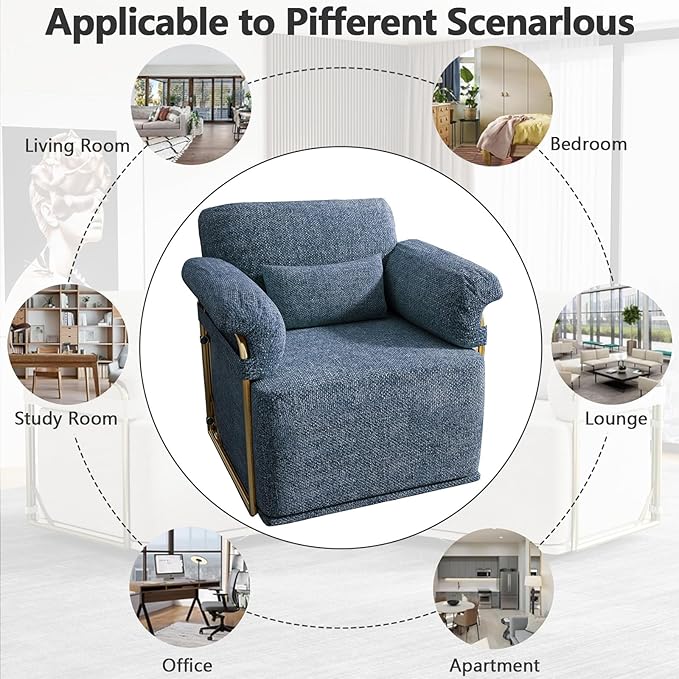 Swivel Accent Chairs 360 Swivel arm Chairs for Bedroom Club Chair with Back Gold Frame Tall Base for Office and Living Room (Blue)