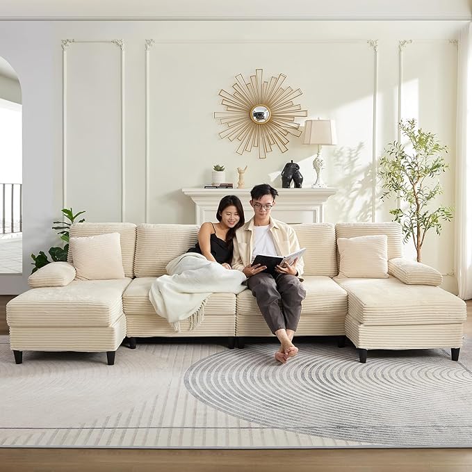 PUREMIND Sectional U Couches for Living Room U Shaped Sofa with Double Chaise Lounge and Sleepable Armrests Corduroy 4 Seater Sectional Sofa Living Room Furniture