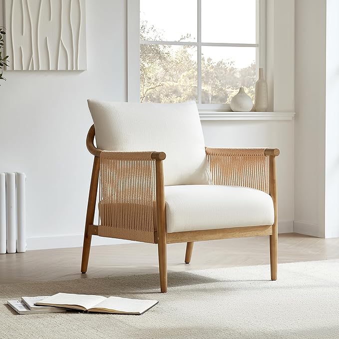 CHITA Braid Accent Chair Set of 2 Modern Armchair with Solid Wooden Armrest for Living Room and Bedroom Boho Reading Chair Cream