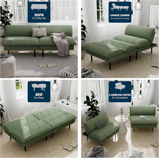 70 Futon Sofa Bed 4 in 1 Multi-Function Couch Sleeper with Adjustable Backrest Modern Convertible Futon Recliner Small Loveseat for Living Room Dorm Green