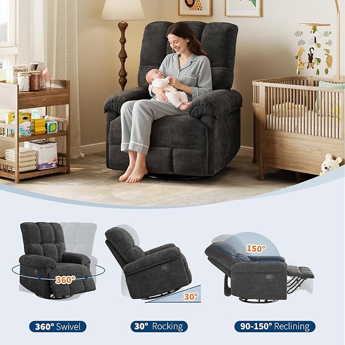 GarveeHome Recliner Chair 360° Swivel Rocker Glider Nursery Chair with Padded Armrest and Deep Seat Chenille Upholstered Reclining Sofa Chair for Living Room Bedroom and Nursery (Black)