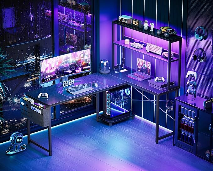 AODK L Shaped Desk Gaming Desk with LED Light &amp Power Outlet 61 Inch Reversible L Shaped Computer Table with Shelf &amp Storage Bag &amp Hook for Home Office Black