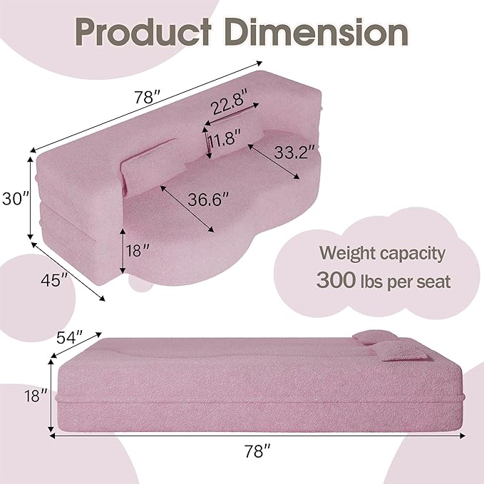 78 Convertible Sofa Bed 2-in-1 Folding Floor Couch with 2 Pillows Sleeper Sofa for Living Room and Bedroom No Assembly Required (Pink Teddy Fabric)