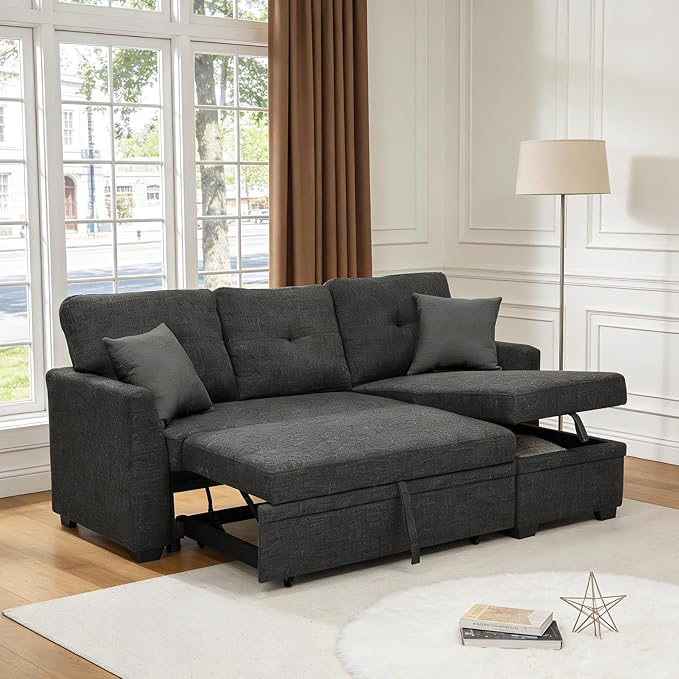 Sectional Sleeper Sofa with Pull Out Bed L Shape Convertible Linen Couch with Storage Chaise 2 in 1 Pull Out Sofa Bed with 2 Seats for Living Room Apartment Charcoal Black