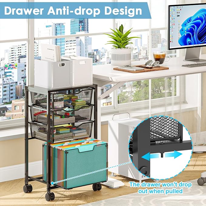 4 Drawers Rolling File Cart Under Desk Mobile Filing Cabinet with Wheels File Cabinets for Home Office Hanging File Folder Organizer Utility Craft Cart Printer Stand Black