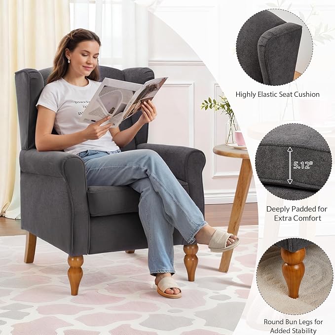 Rovibek High Wingback Chairs with Table - Midcentury Modern Accent Chair for Living Room Upholstered Armchair with Solid Legs Grey Living Room Chairs for Living Room Bedroom Balcony