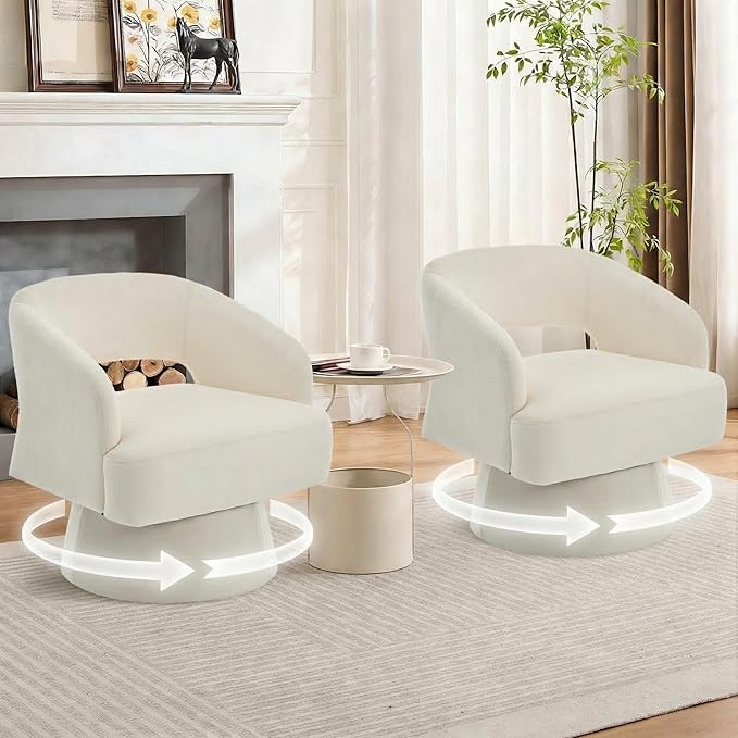2Pcs Comfy Swivel Barrel Chair for Living Room - Modern Upholstered Accent Chair with Teddy Fleece Hollowed Back &amp 360° Swivel Base Small Round Chair for Bedroom Reading Nook Office Beige