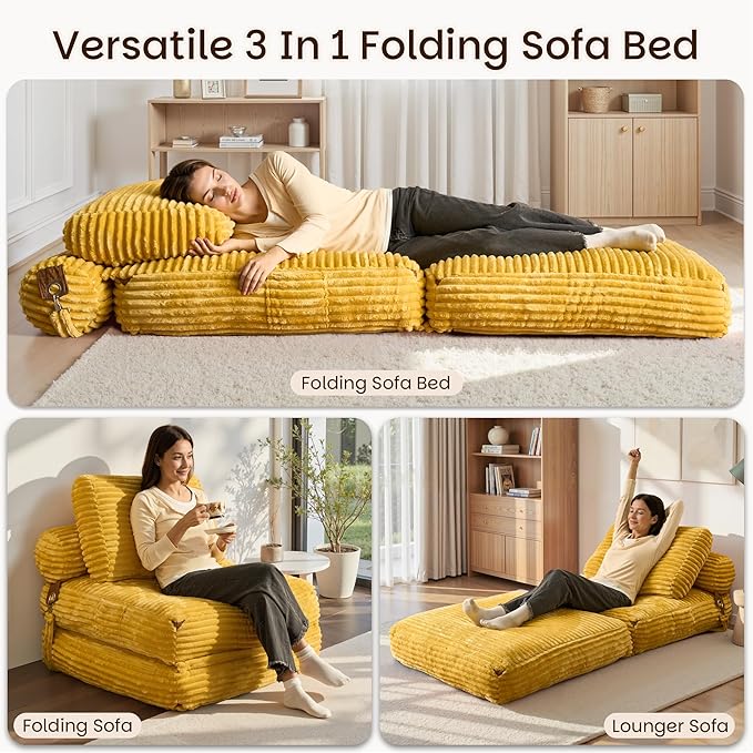 HOOOWOOO Folding Sofa BedConvertible Futon Sleeper Ottoman Pull Out Bed Single Couch 2 in 1 No AssemblyPortable 35.8 Boneless Corduroy Accent Chair Floor Chaise Lounge for Guest Room Studio(Yellow)