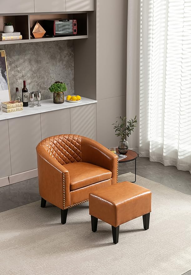 Generic Accent Chair with Ottoman Mid Century Modern Barrel Chair Upholstered Club Tub Round Arms Chair for Living Room Light Brown
