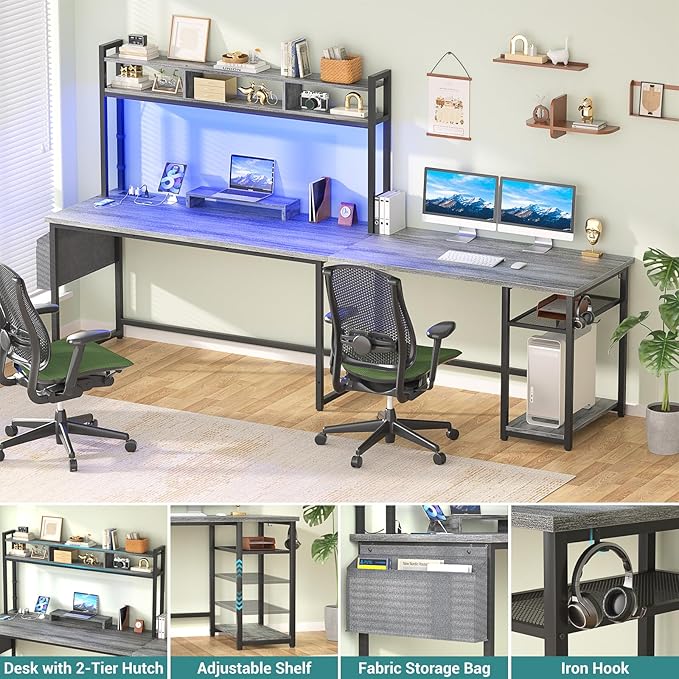 Aheaplus L Shaped Gaming Desk 59 Gaming Desk with Power Outlet and Led Lights Reversible L Shaped Computer Desk with Hutch &amp Monitor Stand Home Office Desk L Shaped Corner Desk White Oak