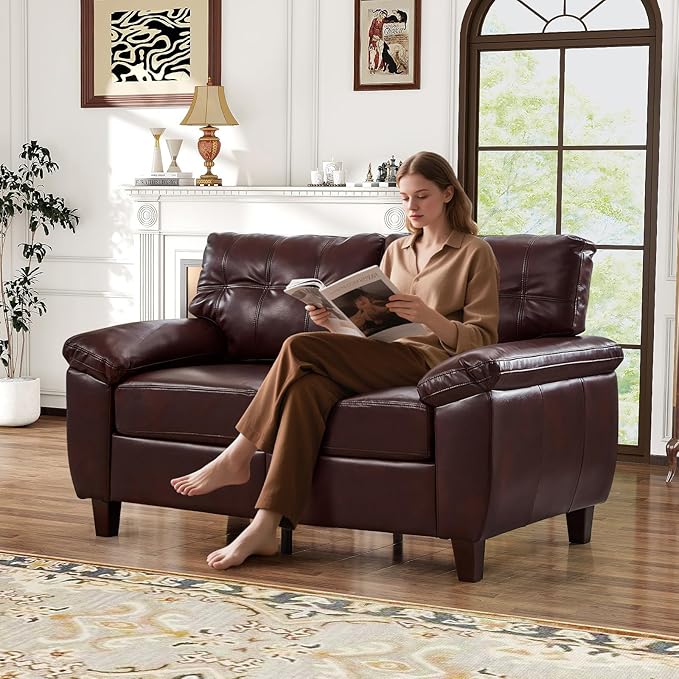 59W Faux Leather Sofa Loveseat Couch with Hidden Storage &amp Tufted Backrest Upholstered Mid Century Modern Couch Deep Seat Comfy Chesterfield Sofa for Livingroom Bedroom Office(2 Seater Burgu