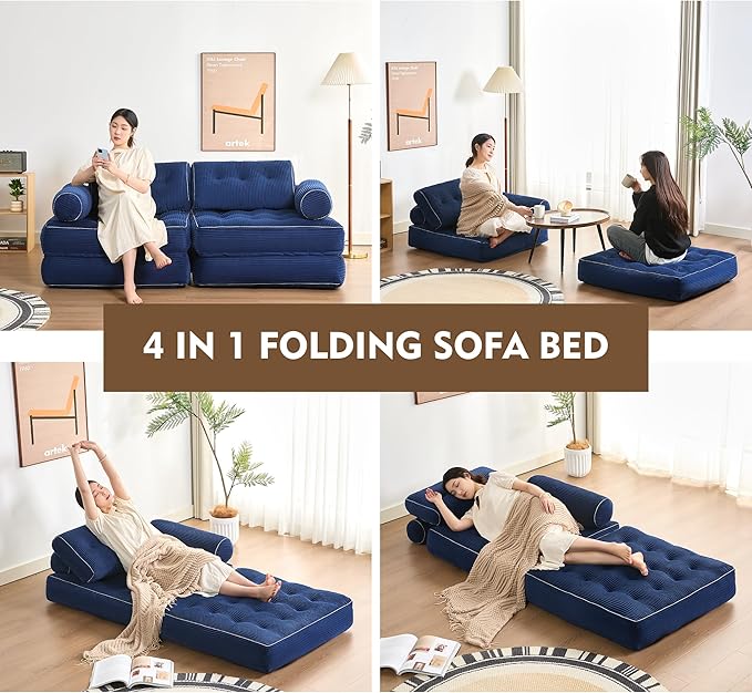 Plus Futon Sofa Bed for Small Spaces Floor Couch with Armrest Folding Sofa Couch Convertible Sleeper Chair Bed with Pillow Portable Comfy Floor Lounge for Living Room and Bedroom Blue