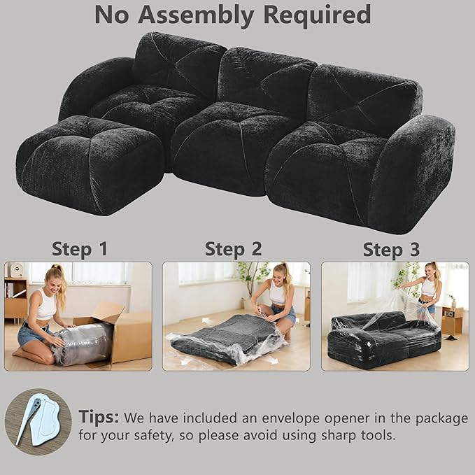 Boneless Couch Modular Sectional Sofa 3 Seater Sectional Couches for Living Room 110.6 L Shaped Cloud Couch with Ottoman Retro Velvet Floor Sofa for Bedroom No Assembly RequiredBlack