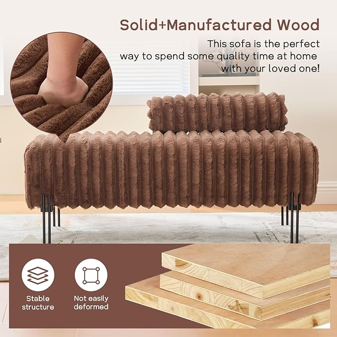 NIOIIKIT 49.6 Modern Loveseat Sofa Couch Upholstered Accent Sofa with Golden Legs and Adjustable Backrest Small Faux Fur Couches for Bedroom Living Room Compact Small Space (Brown)