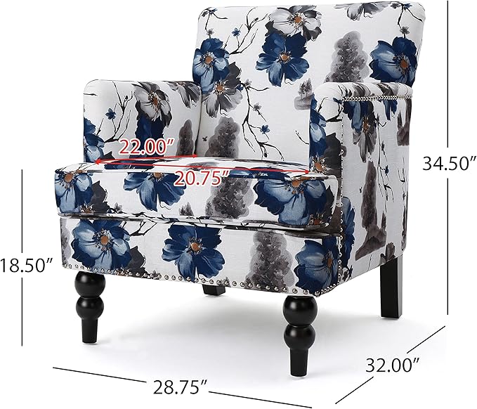 Modern Accent Chair with Arms Wooden Mid Century Upholstered Fabric Single Sofa Chair Armchair High Back Rest Comfortable Cushioned Seat for Living Room Bedroom Floral Print