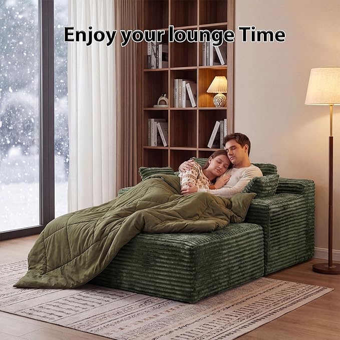 Boneless Chaise Lounge Chair Indoor with Ottoman 67 Inch Oversized Corduroy Couch Compressed Sofa Bed Couches for Living Room Bedroom Guest Room No Assembly Required Green | Breathable material