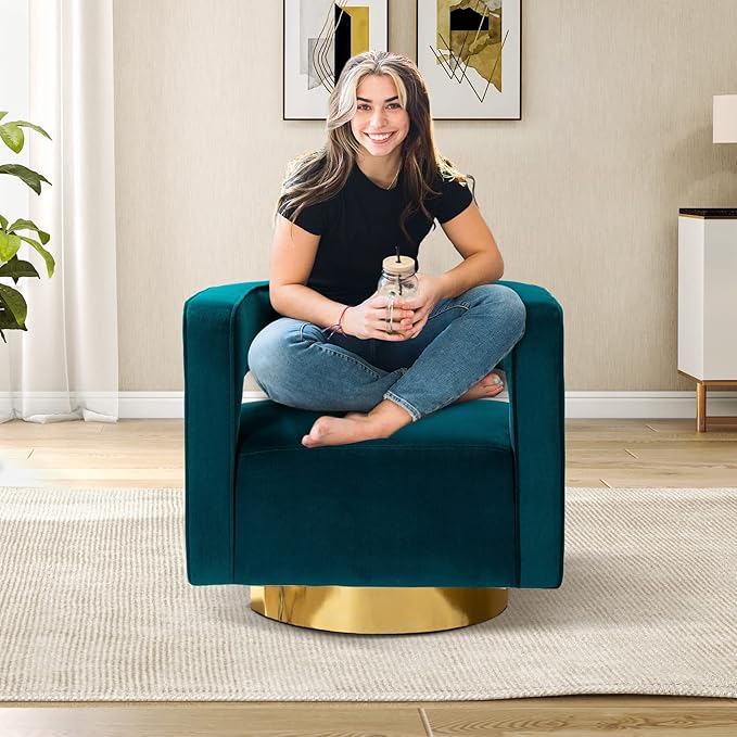 TINA'S HOME Swivel Accent Barrel Chair Modern Velvet Armchair with 3D Curved Open Back &amp Swivel Gold Metal Base Upholstered Club Chair for Living Room Bedroom Nursery Teal(No Assembly Required)