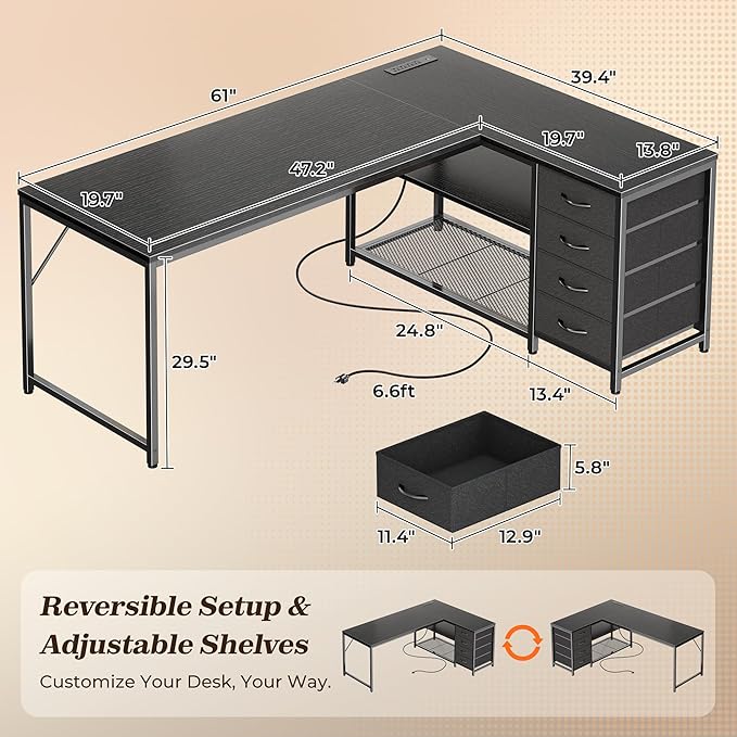 PRAISUN 61 L Shaped Desk with Power Outlets and USB-C Port Reversible Computer Corner Office Desk with 4 Fabric Drawers and 2 Height-Adjustable Shelves Large for Gaming Writing Work StudyBlack
