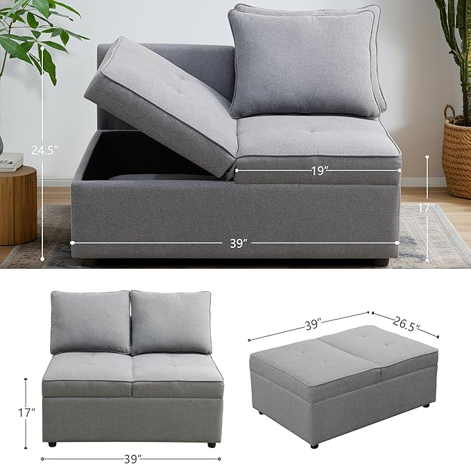 Convertible Ottoman Sofa with Storage Modern Sackcloth Futon Couch with 2 Pillows Adjustable Backrest Recliner Folding Loveseat for Living Room Apartment Dorm OfficeGrey