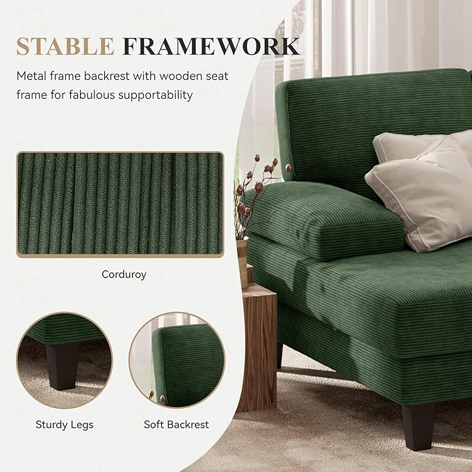 110 U-Shaped Sectional Sofa Couch for Living RoomModern Modular Sofa with Double ChaiseClassic Lounge Couch Sleeper forApartment Green Corduroy