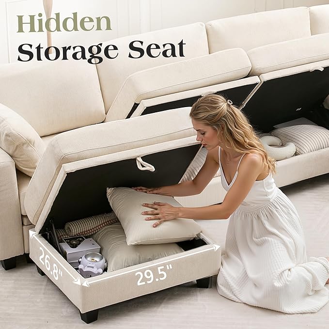 TUNYI 130 Sectional Couch with Storage Oversized Chenille Modular Sectional Sofa for Living Room Convertible Deep Seat Sofa Couches with Ottoman Armrest Pillow (Beige)
